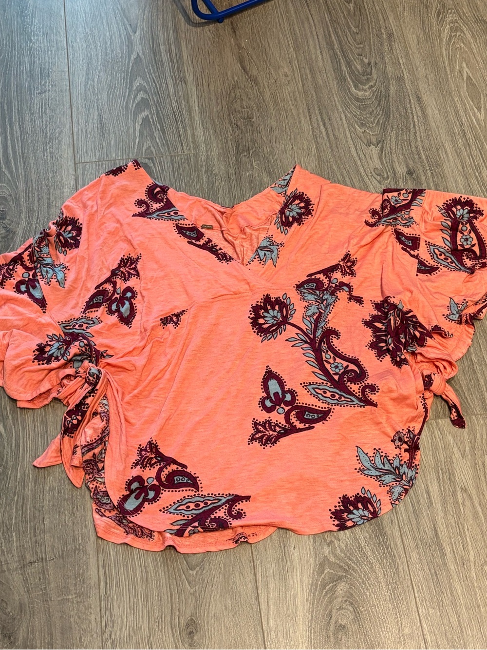 Free People Coral Paisley V-Neck Short / poncho style Sleeve Top
